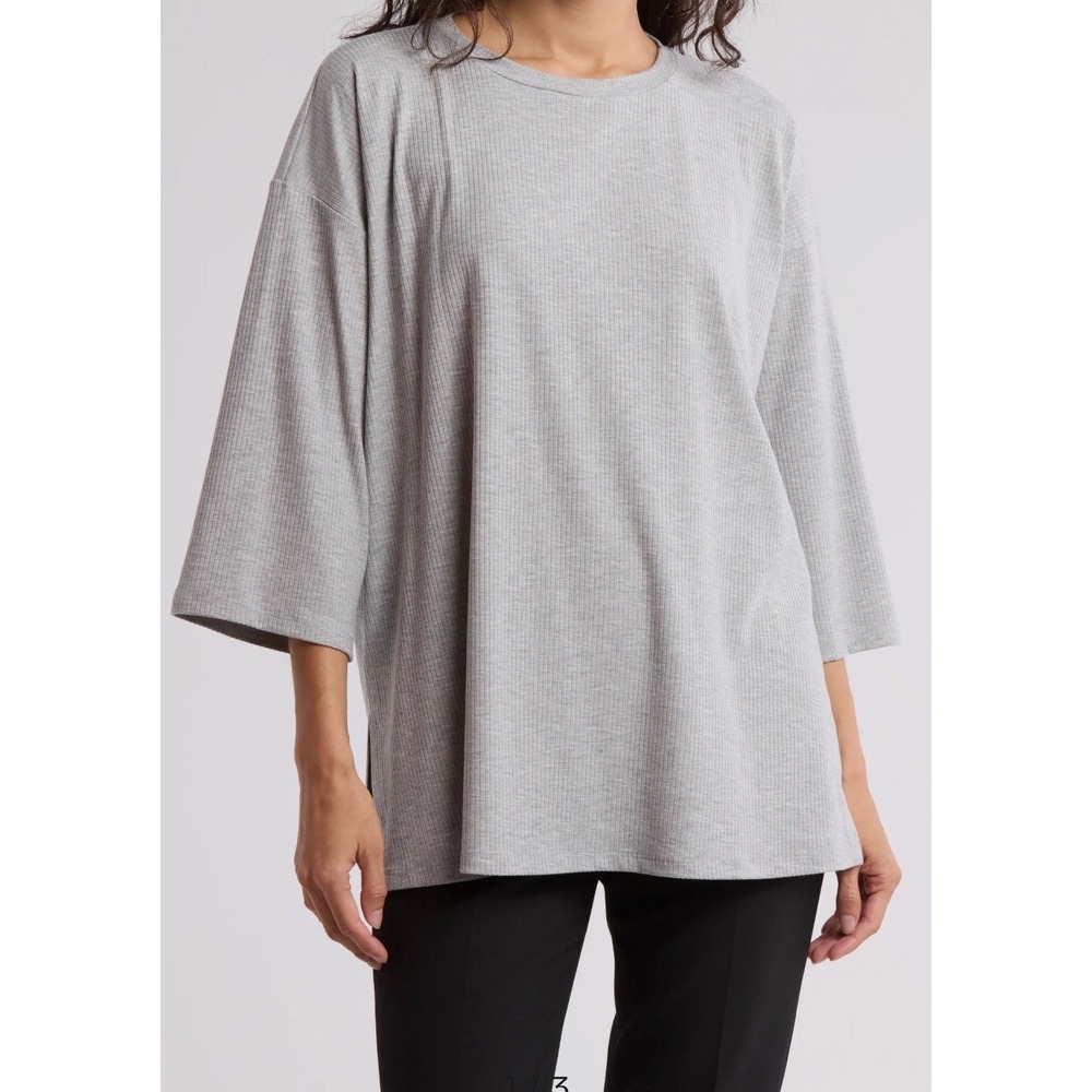 Eileen Fisher Gray Womens Large Ribbed Knit 3/4 Sleeve Tunic‎ Top Lagenlook Boho